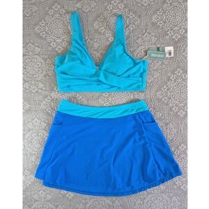 Shekini Blue Two Piece Swimsuit Set Wrap Top and Skirt with Pockets Size L NWT